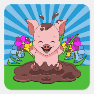 Sticker Carré Cochon Dans La Boue