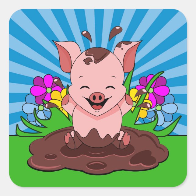 Sticker Carré Cochon Dans La Boue (Devant)
