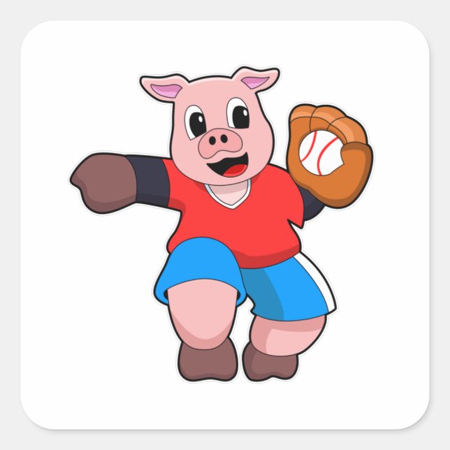 Sticker Carré Cochon de baseball avec gant de baseball (Devant)