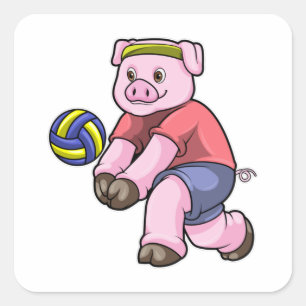 Sticker Carré Cochon de sport avec volleyball