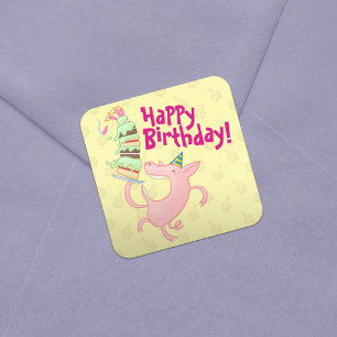 Sticker Carré Cochon drôle Joyeux Anniversaire ! Géant Gâteau Ca