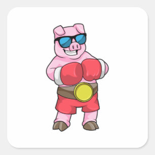 Sticker Carré Cochon en boîte avec gants de boxe