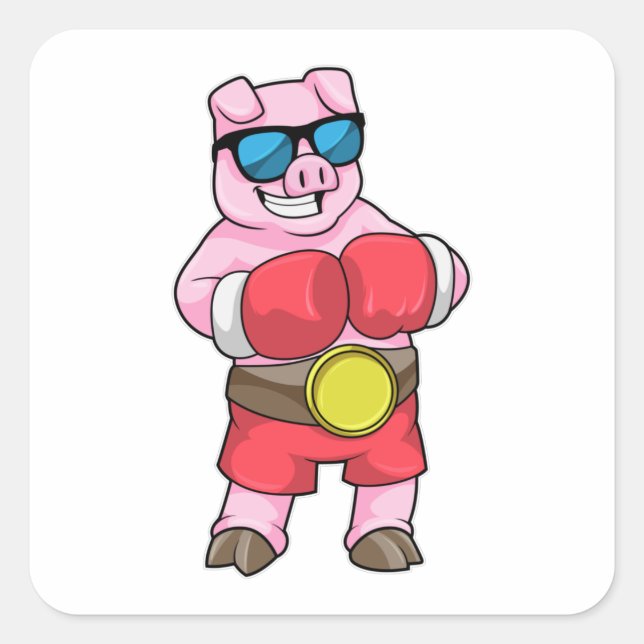 Sticker Carré Cochon en boîte avec gants de boxe (Devant)