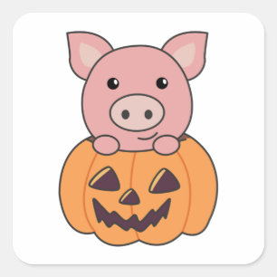 Sticker Carré Cochon En Citrouille Cochons Doux Joyeux Halloween