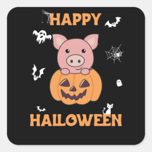 Sticker Carré Cochon En Citrouille Cochons Doux Joyeux Halloween