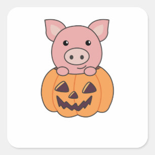 Sticker Carré Cochon En Citrouille Cochons Doux Joyeux Halloween