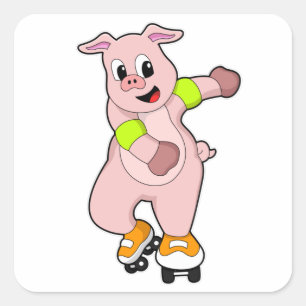Sticker Carré Cochon en patinage avec patins en ligne