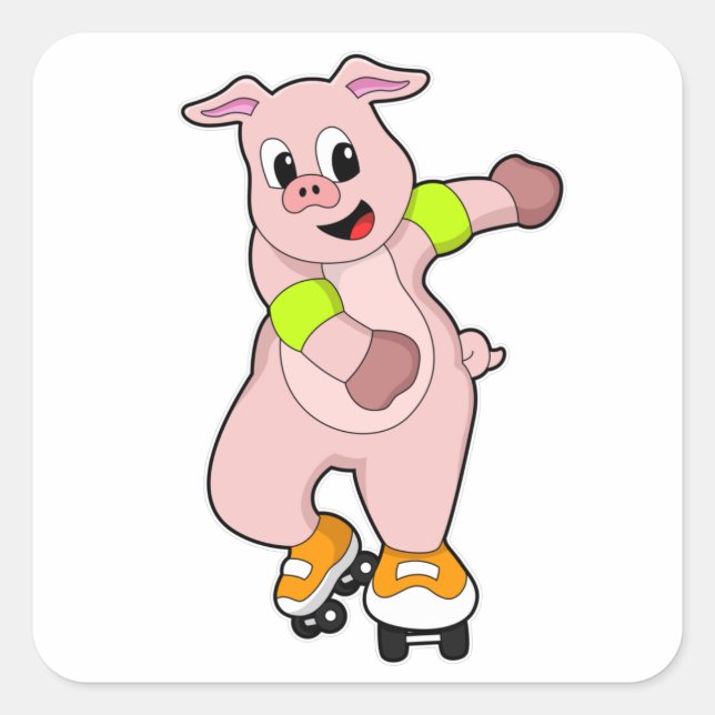 Sticker Carré Cochon en patinage avec patins en ligne (Devant)