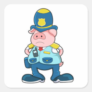 Sticker Carré Cochon en tant qu'agent de police avec police Unif