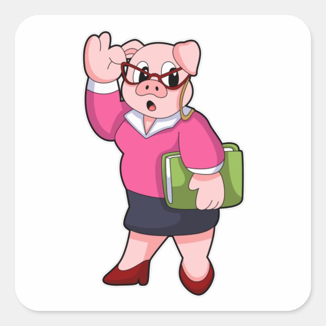 Sticker Carré Cochon en tant que secrétaire avec lunettes (Devant)
