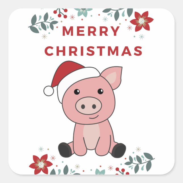 Sticker Carré Cochon Joyeux Noël Animaux Cochons (Devant)