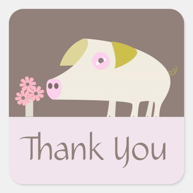 Sticker Carré Cochon mignon et Fleurs roses brun (Devant)