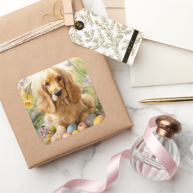 Sticker Carré Cocker Spaniel avec Oeufs de Pâques Fêtes (Cadeaux)