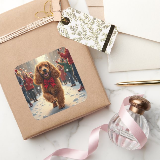 Sticker Carré Cocker Spaniel Christmas Parade Holiday Painting (Cadeaux)