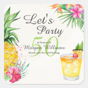 Sticker Carré Cocktail d'été tropical 50e fête d'anniversaire