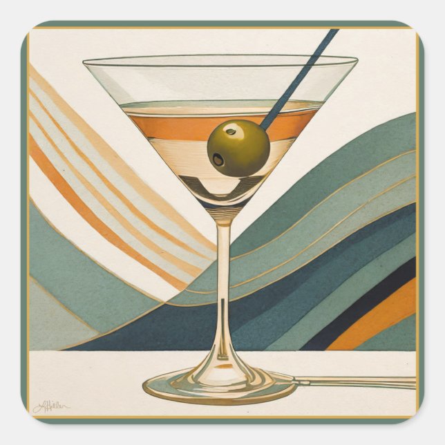 Sticker Carré Cocktail Martini Conception du milieu du siècle (Devant)