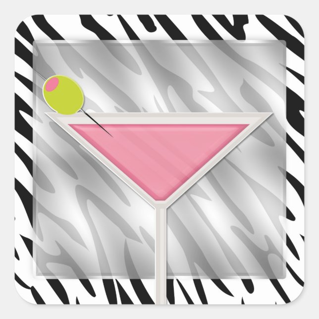 Sticker Carré Cocktail Martini rose Zebra Imprimer Anniversaire (Devant)