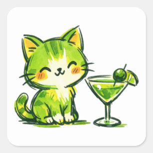Sticker Carré Cocktails verts et chats