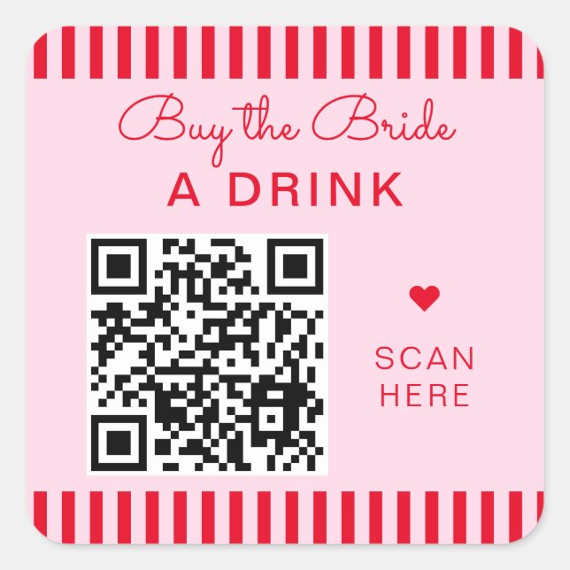 Sticker Carré Code QR Bachelorette Rayures Rouge & Rose Rétro (Devant)