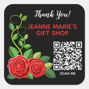 Sticker Carré Code QR élégant Merci à fleurs de rose rouge