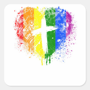 Sticker Carré Coeur avec croix, Gay Pride, religieuse chrétienne
