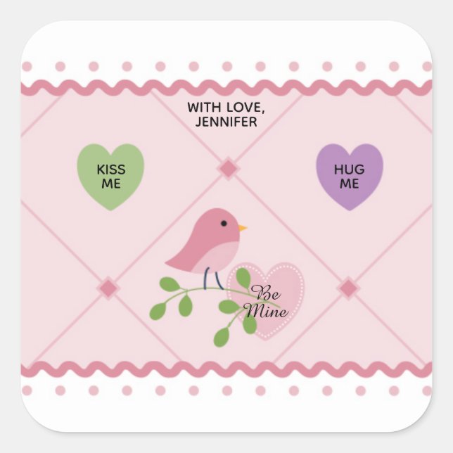 Sticker Carré Cœur avec Saint-Valentin oiseau rose (Devant)