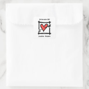 Sticker Carré Coeur d'amour de mariage personnalisé Noir & Rouge