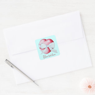 Sticker Carré coeur d'amour rouge romantique avec ruban blanc ar