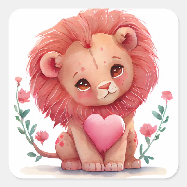 Sticker Carré Cœur de lion mignon pour la Saint-Valentin (Devant)