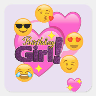Sticker Carré Coeur d'Emojis de fille d'anniversaire