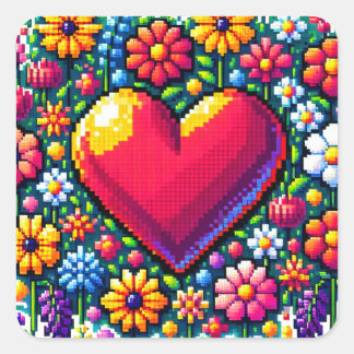 Sticker Carré Coeur en fleurs Pixel Art
