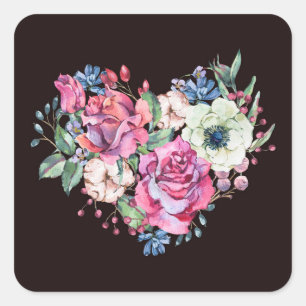Sticker Carré Cœur floral à l'aquarelle : roses vintage.