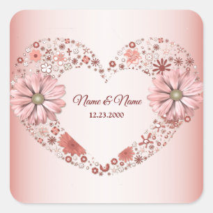 Sticker Carré Cœur Floral Moderne Fête Abricot