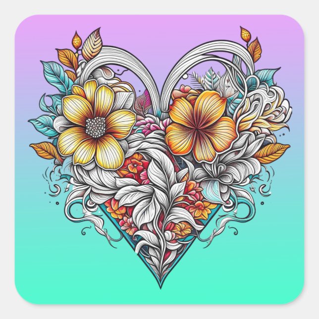 Sticker Carré Coeur floral romantique (Devant)