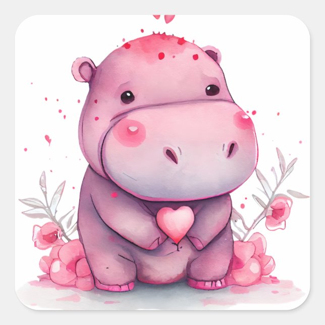 Sticker Carré Cœur Mignon Hippopotame Saint-Valentin (Devant)