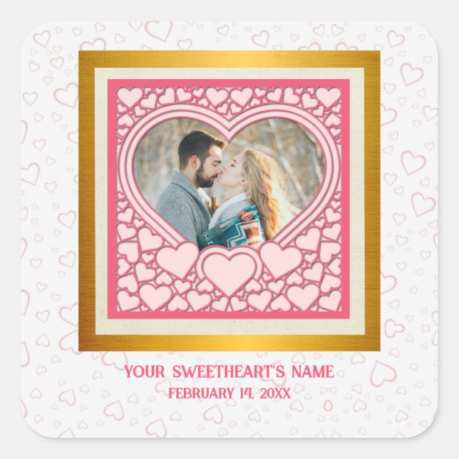 Sticker Carré Cœur Rose Élégant Joyeuse Saint-Valentin Élégant (Devant)