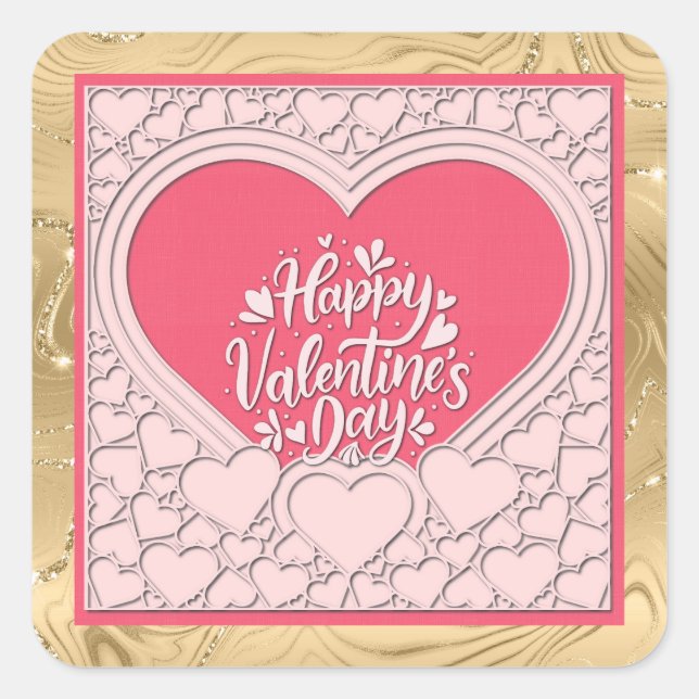 Sticker Carré Cœur Rose Élégant Joyeuse Saint-Valentin Élégant (Devant)