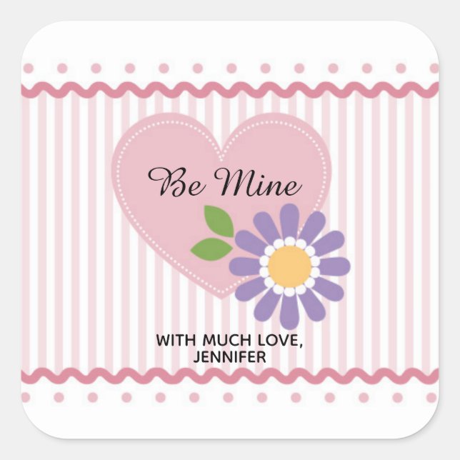 Sticker Carré Coeur rose et Fleur Valentine (Devant)