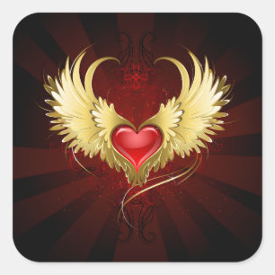 Sticker Carré Coeur rouge avec ailes d'or