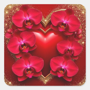 Sticker Carré Cœur rouge entouré d'orchidées élégantes