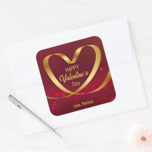 Sticker Carré Coeur Ruban Or Heureuse Sainte-Valentin Rouge