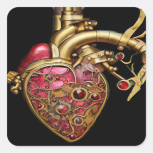 Sticker Carré Cœur Steampunk Rubis et Engrenages Anatomiques
