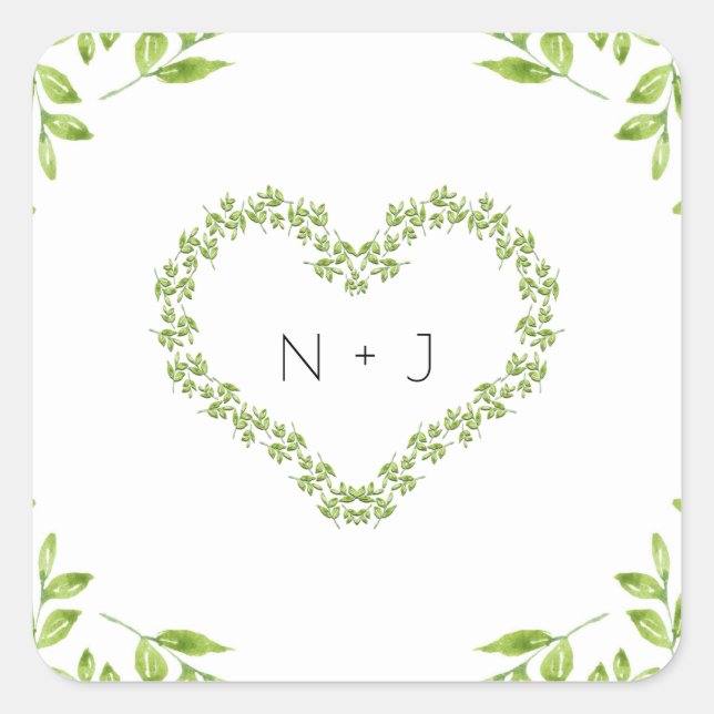 Sticker Carré Coeur Vert Feuilles Shabby Chic Mariage de verdure (Devant)