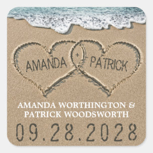 Sticker Carré Coeurs dans la plage de sable Faveur mariage sur l