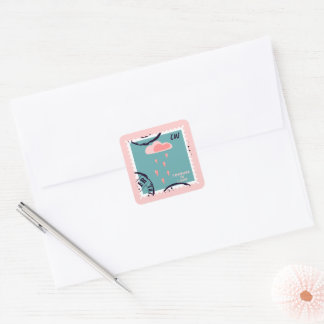 Sticker Carré Coeurs de pluie nuageuse rose mignonne Timbre