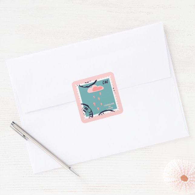 Sticker Carré Coeurs de pluie nuageuse rose mignonne Timbre (Enveloppe)
