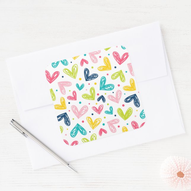 Sticker Carré Coeurs et points en style doodé (Enveloppe)