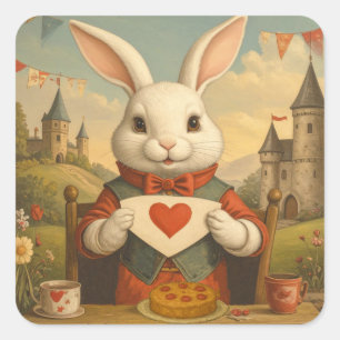 Sticker Carré Cœurs Fantaisistes de Lapin Blanc Enchantant le Pa