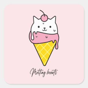 Sticker Carré Coeurs fondus - Chat à la crème glacée d'été