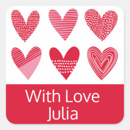 Sticker Carré Coeurs mignons en rouge et rose avec texte
